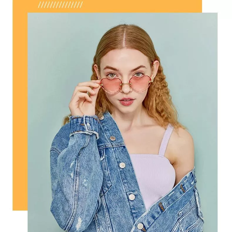 Love Heart Sunglasses Women Rimless Frame Clear Lens Colorful Sun Glass Thick Edge Retro Cat Eye Vintage Female Sun Glass UV400